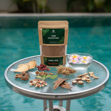 Load image into Gallery viewer, Herbal Bath powder Kulirma with ingredients and one kulirma package on a table by a pool