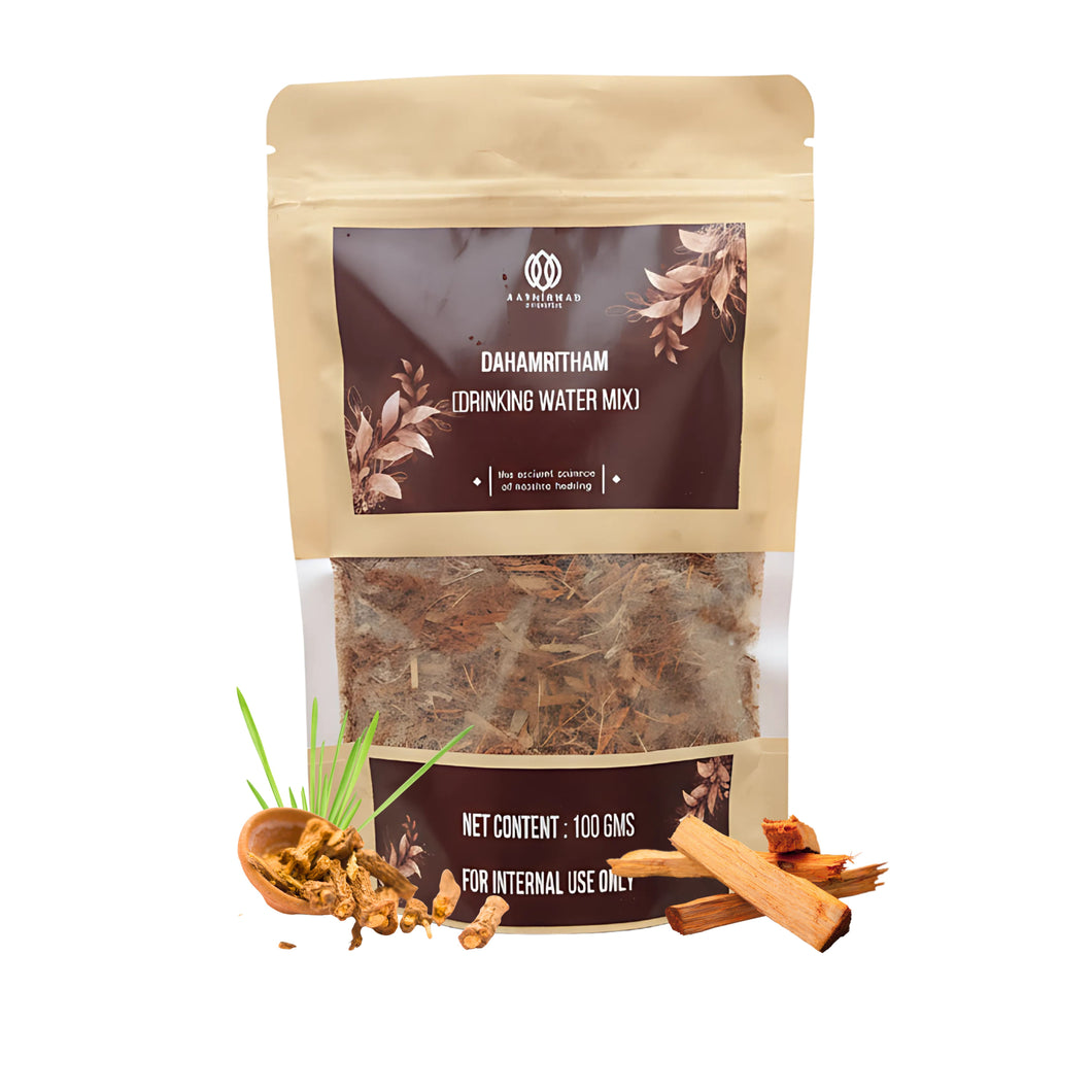 Package of Dahamritam drinking water mix with herbs on a white background