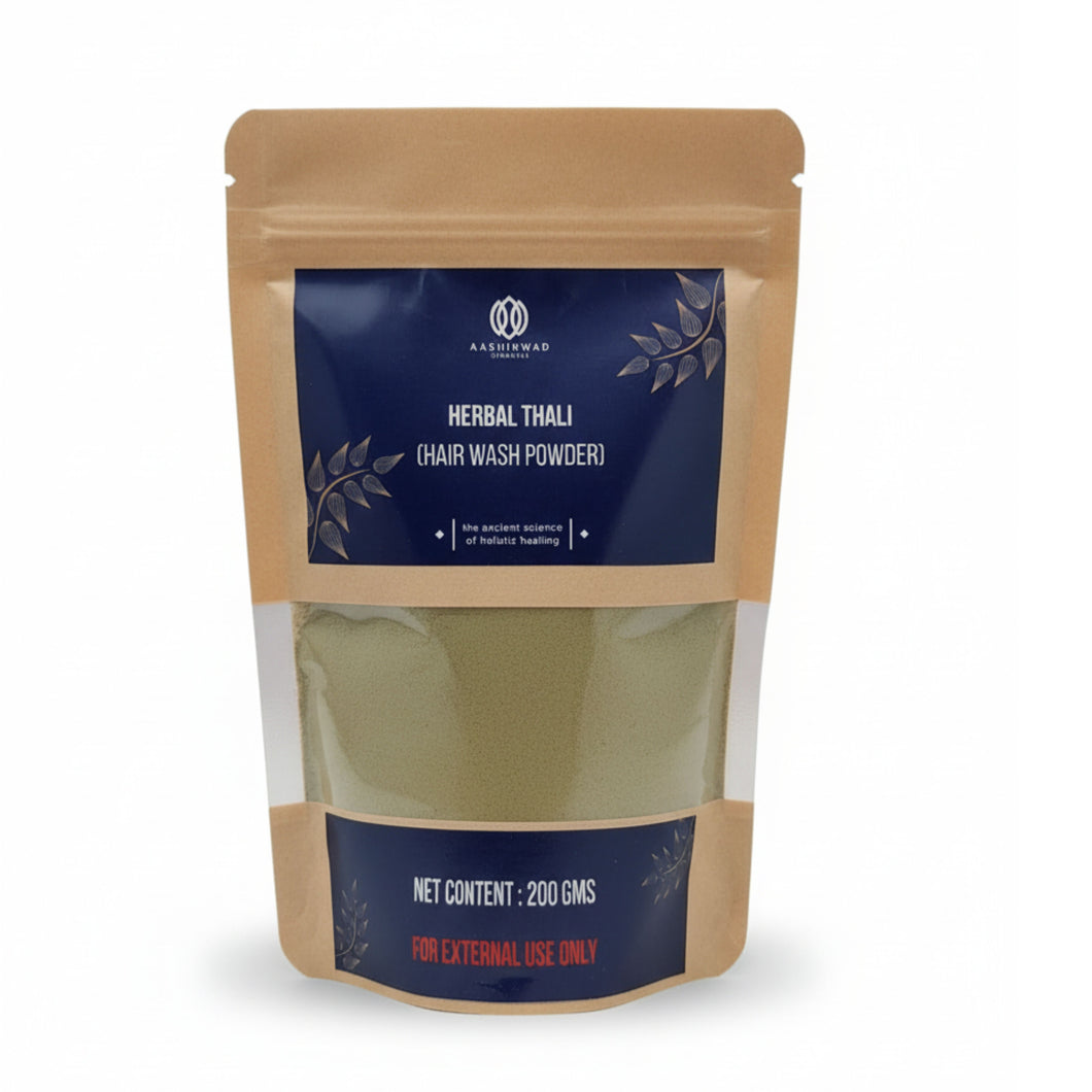 Herbal Thali hair wash powder package on a white background
