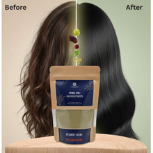 Load image into Gallery viewer, Herbal Thaili hair wash powder packaging with a &#39;Before&#39; and &#39;After&#39; comparison of hair on a wooden surface.
