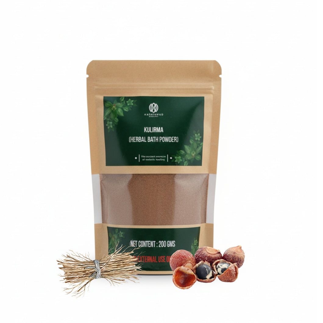 Kulirima herbal bath powder package with herbs on a white background